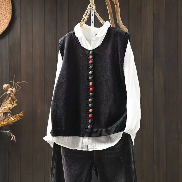 Buddha Stones Colorful Buttons Women's Sleeveless Knitted Vest Waistcoat - Black - US4-6，UK/AU8-10，EU36-38 (F) - image 4