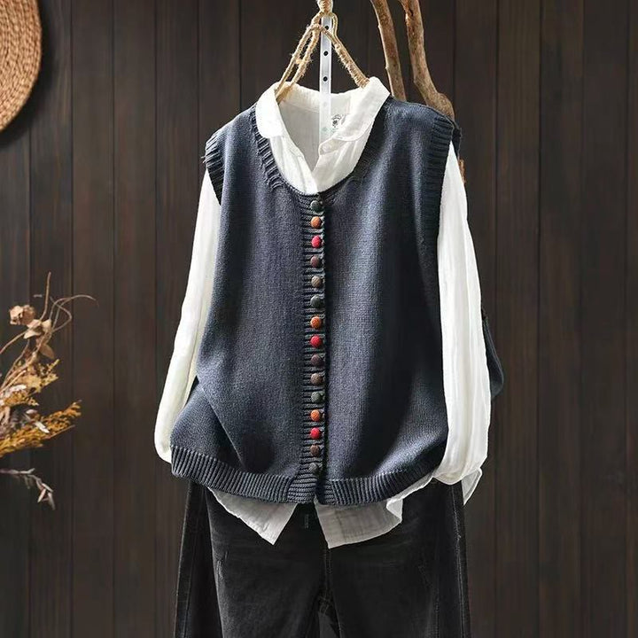 Buddha Stones Colorful Buttons Women's Sleeveless Knitted Vest Waistcoat - SlateGray - US4-6，UK/AU8-10，EU36-38 (F) - image 9