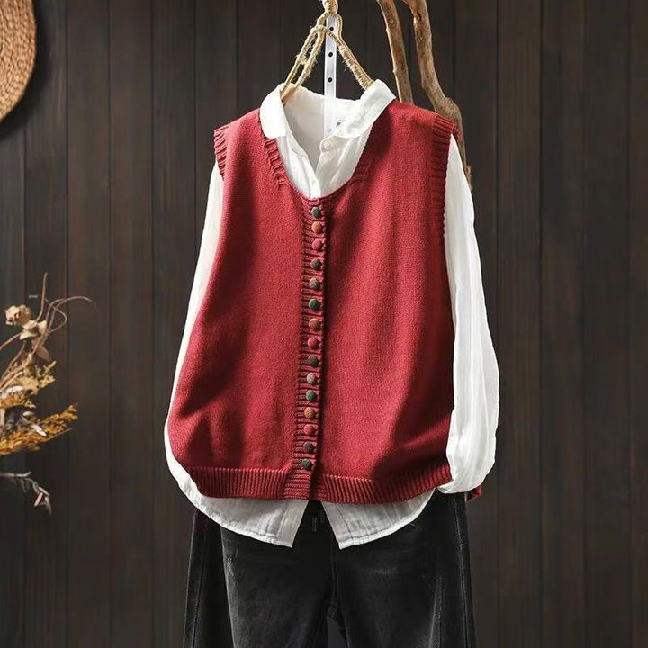 Buddha Stones Colorful Buttons Women's Sleeveless Knitted Vest Waistcoat - Red - US4-6，UK/AU8-10，EU36-38 (F) - image 5