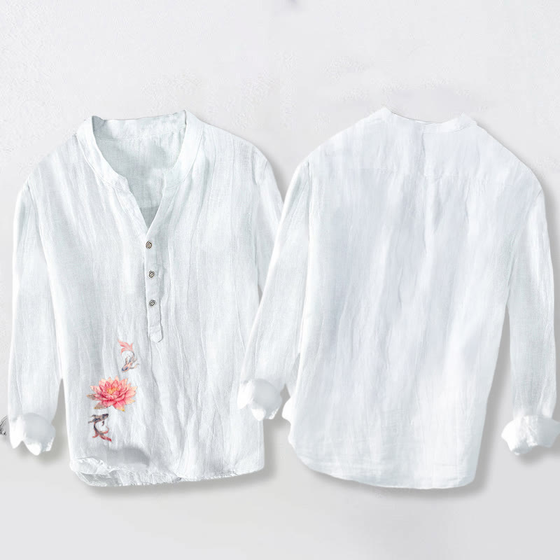 Buddha Stones Soft Colors Lotus Koi Fish Pattern Half Buttons Men's Cotton Linen Long Sleeve Shirt - image 8