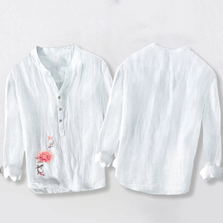 Buddha Stones Soft Colors Lotus Koi Fish Pattern Half Buttons Men's Cotton Linen Long Sleeve Shirt - image 8