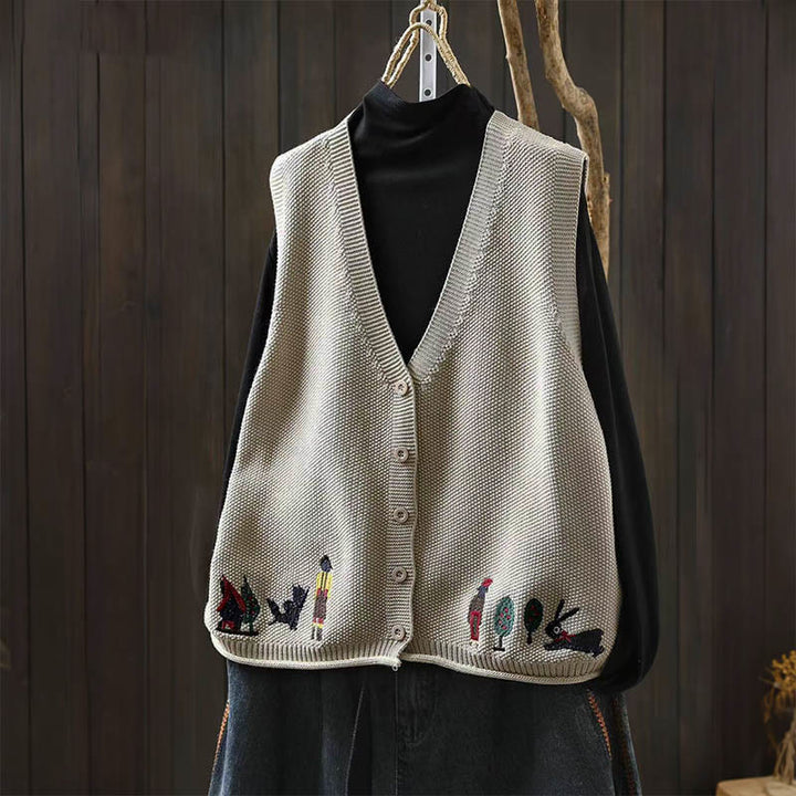 Buddha Stones Figure Rabbit Tree Embroidery Buttons Women's Sleeveless Cotton Knitted Vest Waistcoat - Beige - US4-6，UK/AU8-10，EU36-38 (F) - image 0