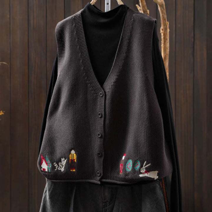 Buddha Stones Figure Rabbit Tree Embroidery Buttons Women's Sleeveless Cotton Knitted Vest Waistcoat - Gray - US4-6，UK/AU8-10，EU36-38 (F) - image 18