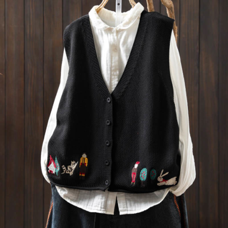 Buddha Stones Figure Rabbit Tree Embroidery Buttons Women's Sleeveless Cotton Knitted Vest Waistcoat - Black - US4-6，UK/AU8-10，EU36-38 (F) - image 24