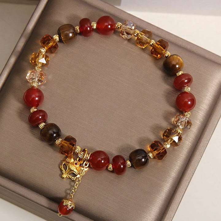 Buddha Stones Red Agate Tiger Eye Fox Charm Calm Beaded Bracelet - image 9