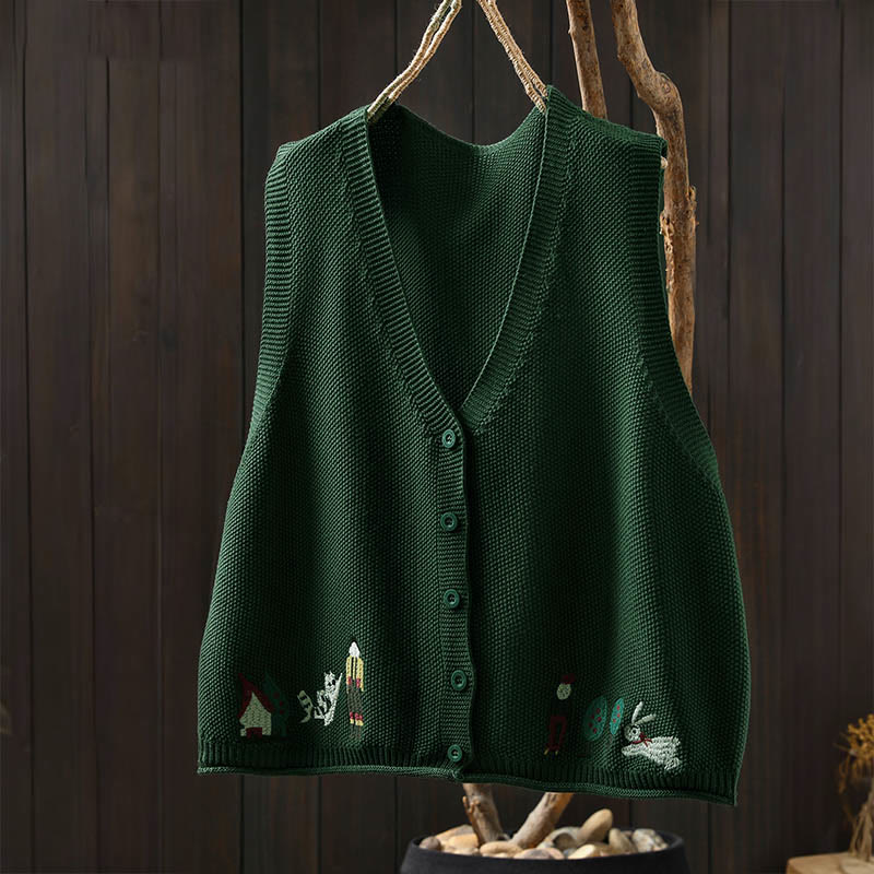 Buddha Stones Figure Rabbit Tree Embroidery Buttons Women's Sleeveless Cotton Knitted Vest Waistcoat - image 3