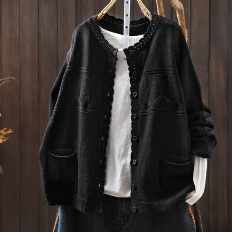 Buddha Stones Fall Lace Buttons Cotton Women's Long Sleeve Knitted Cardigan Sweater With Pockets - Black - US4-6，UK/AU8-10，EU36-38 (F) - image 23