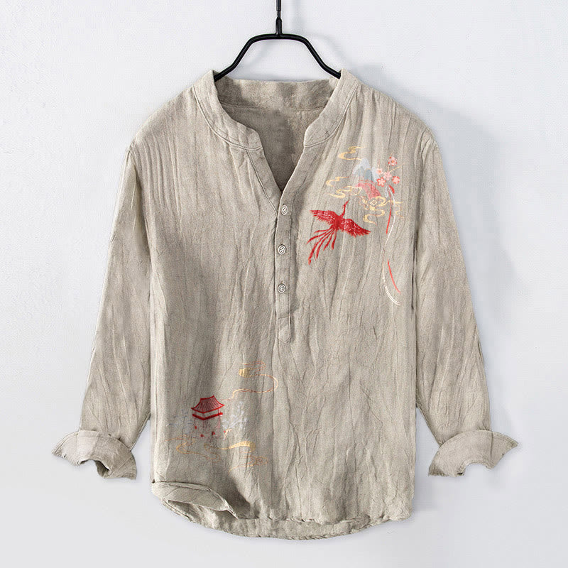 Buddha Stones Phoenix Pavilions Clouds Pattern Half Buttons Men's Cotton Linen Long Sleeve Shirt - Linen - US/UK/AU50，EU60 (5XL) - image 3