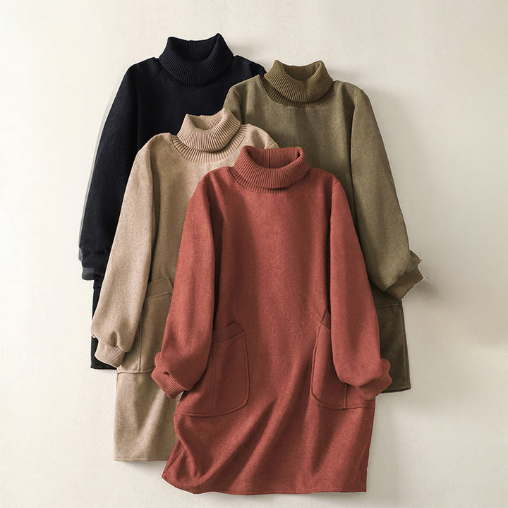 Buddha Stones Winter High Neck Warm Cotton Women's Long Sleeve Midi Dress With Pockets - image 0