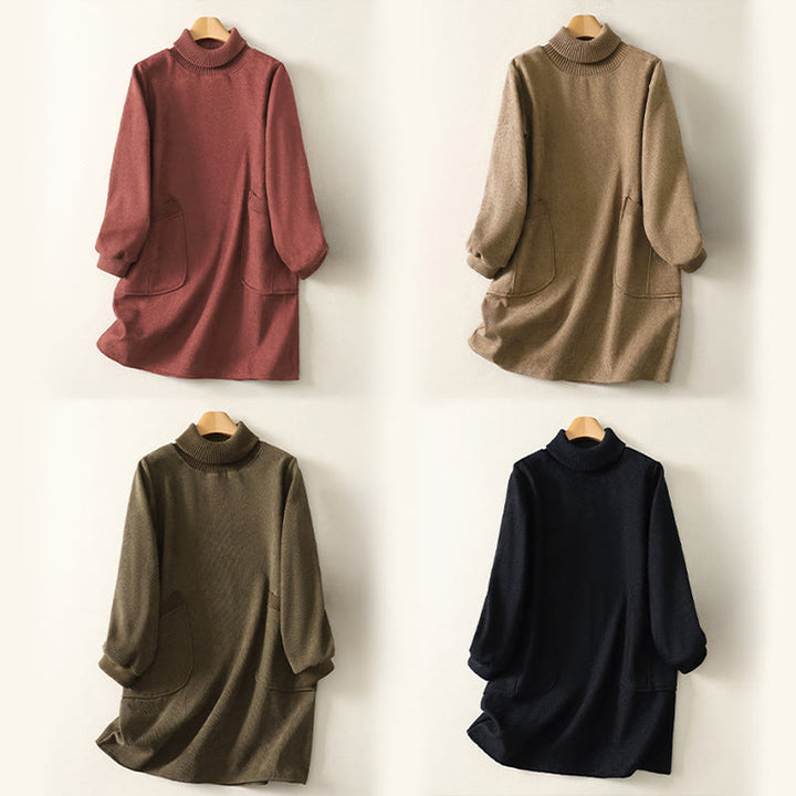 Buddha Stones Winter High Neck Warm Cotton Women's Long Sleeve Midi Dress With Pockets - image 26