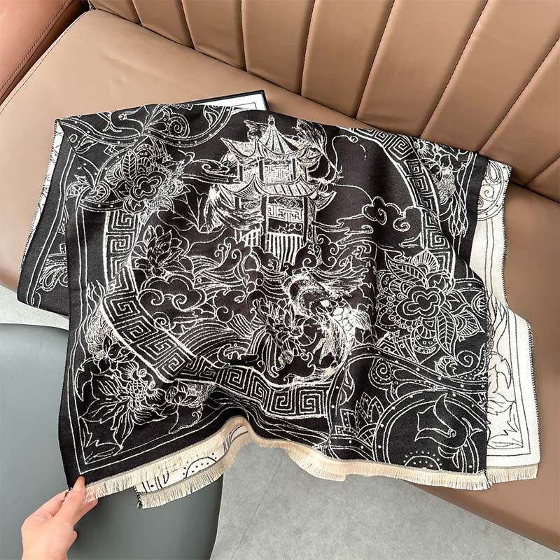 Buddha Stones Fall Pavilion Koi Fish Flowers Waves Pattern Cozy Scarf Shawl - Black - 180*65cm - image 4