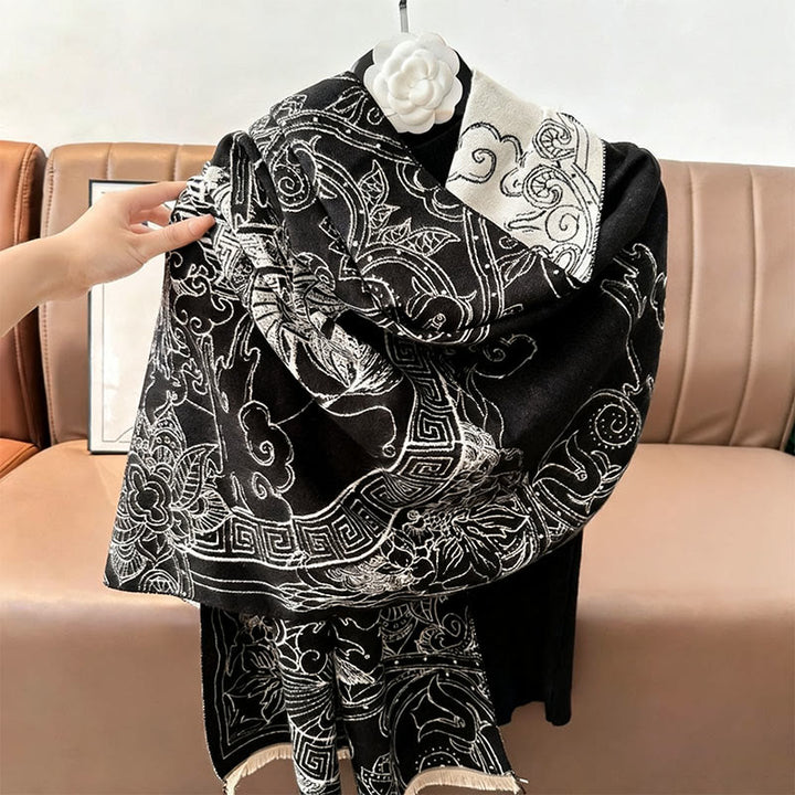 Buddha Stones Fall Pavilion Koi Fish Flowers Waves Pattern Cozy Scarf Shawl - image 5