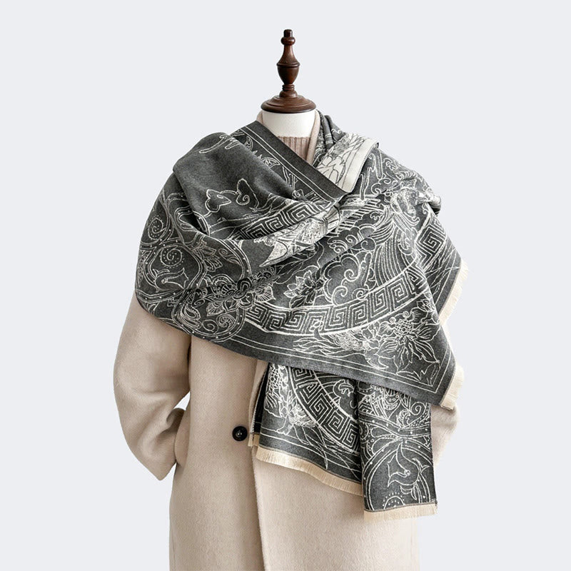 Buddha Stones Fall Pavilion Koi Fish Flowers Waves Pattern Cozy Scarf Shawl - Gray - 180*65cm - image 0