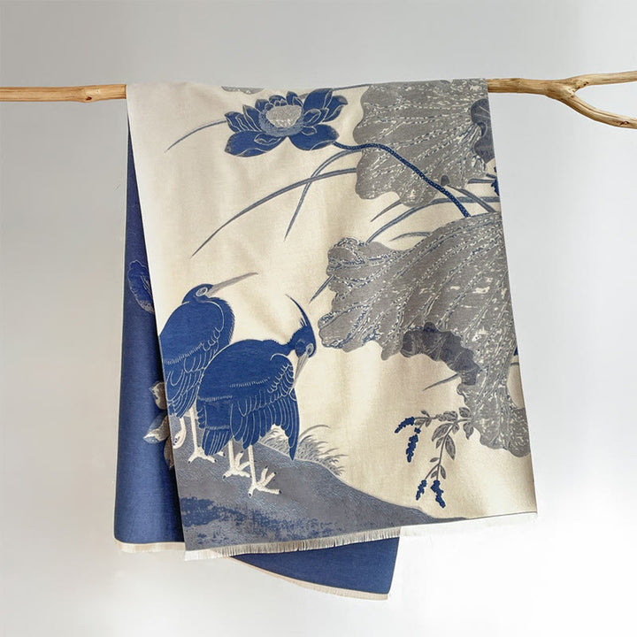 Buddha Stones Winter Stork Birds Lotus Flowers Leaves Pattern Soft Scarf Shawl - SteelBlue - 180*65cm - image 8