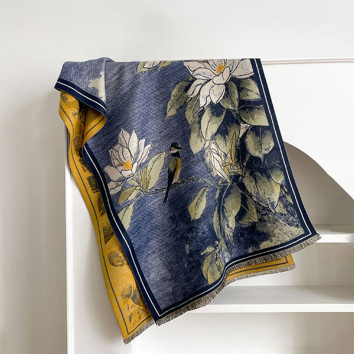 Buddha Stones Winter White Magnolia Flowers Little Bird Pattern Warm Cozy Scarf Shawl - CornflowerBlue - 185*65cm - image 6
