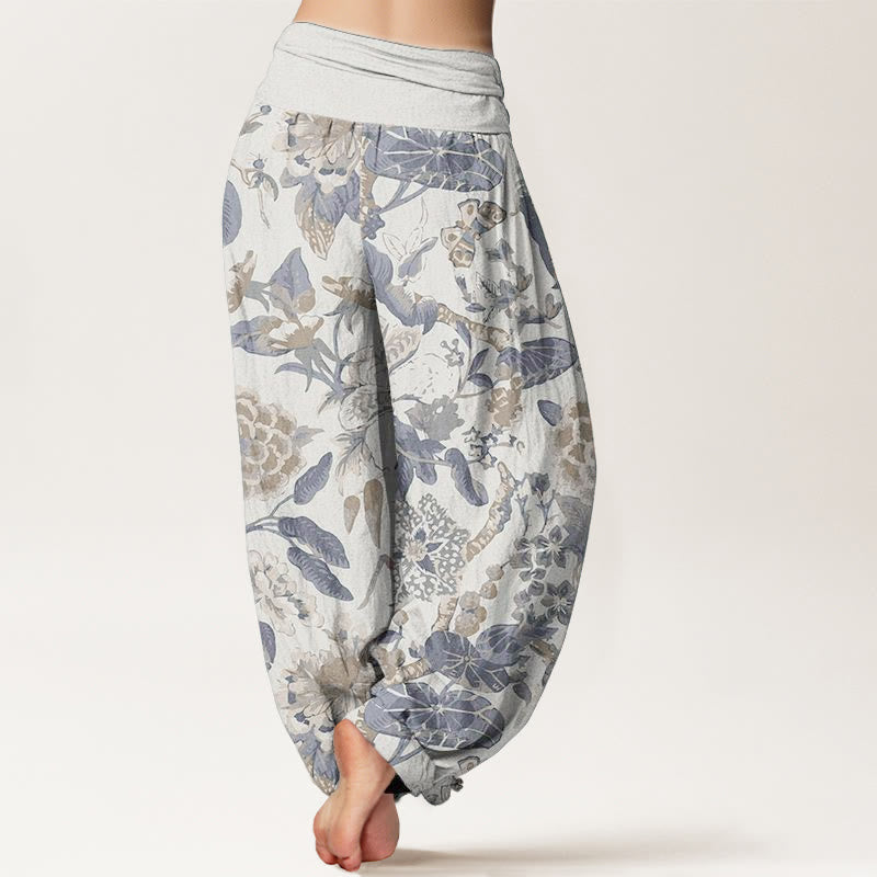 Buddha Stones Pure Cotton Lotus Leaf Peony Pattern Women's Elastic Waist Harem Pants - image 1