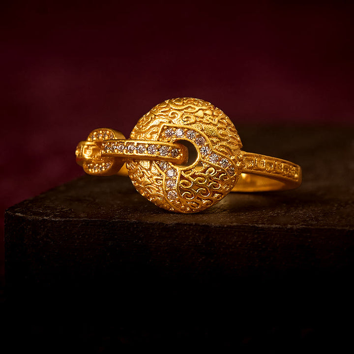 Buddha Stones 24k Gold Plated Brass Hollow Carved Design Peace Buckle Adjustable Fortune Ring - Adjustable - image 0