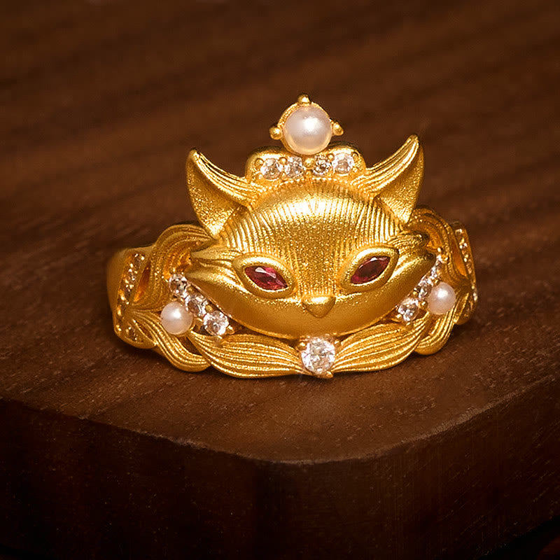 Buddha Stones Fox Head Design 24k Gold Plated Brass Adjustable Ring - image 1