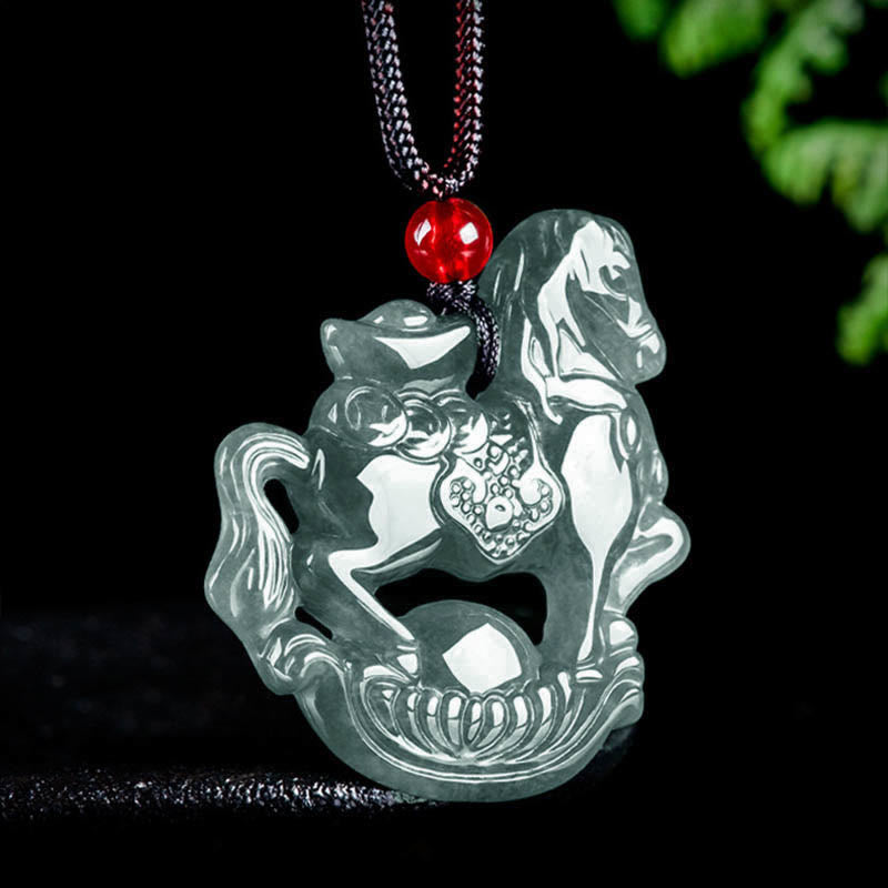 Buddha Stones Year of the Horse Jade Ingot Luck Prosperity Rope Necklace Pendant - image 1