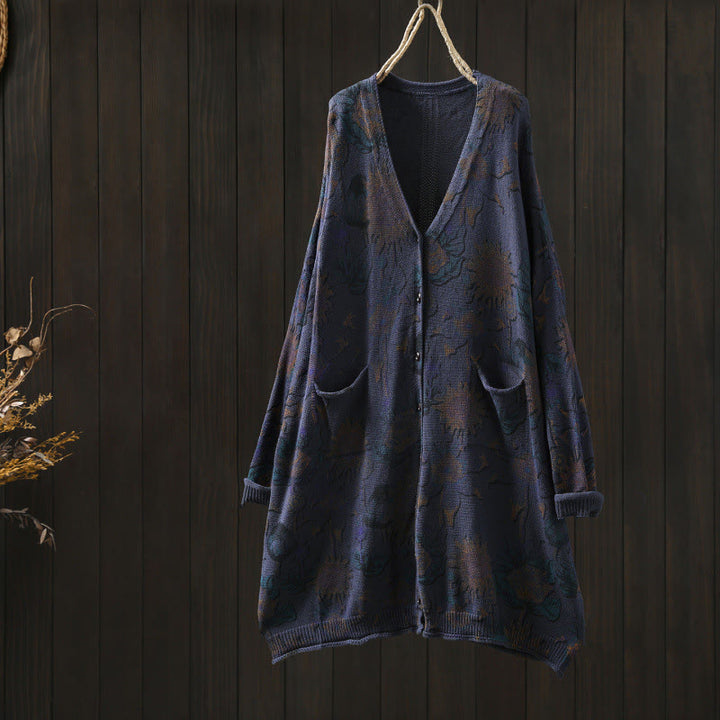 Buddha Stones Sunflower Mid-length Buttons Women's Long Sleeve Knitted Cardigan Sweater With Pockets - MidnightBlue - US4-8/10，UK/AU8-12/14，EU36-40/42 (F) - image 23