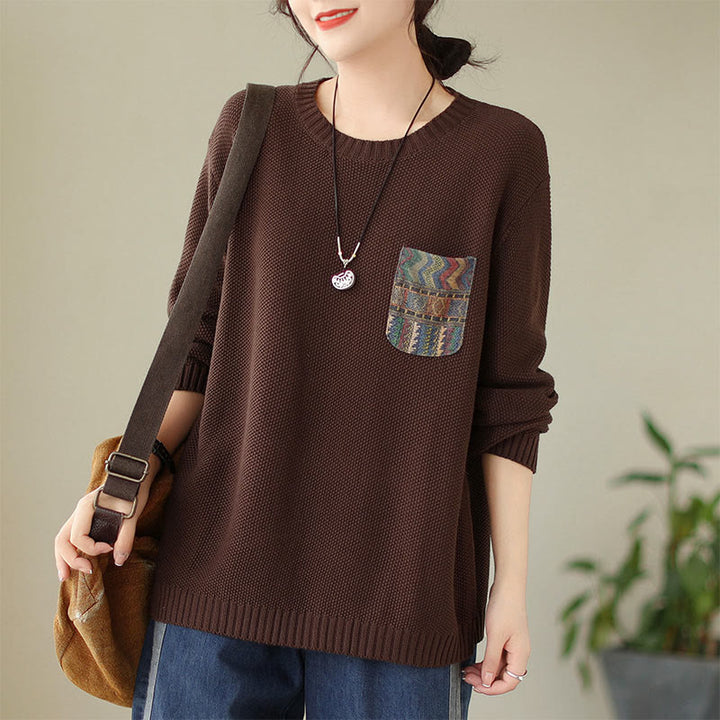 Buddha Stones Fall Floral Decorative Pocket Pattern Knitted Cotton Women's Long Sleeve Sweater - SaddleBrown - US4-6，UK/AU8-10，EU36-38 (F) - image 6