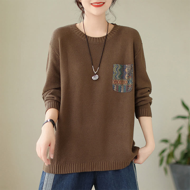 Buddha Stones Fall Floral Decorative Pocket Pattern Knitted Cotton Women's Long Sleeve Sweater - Sienna - US4-6，UK/AU8-10，EU36-38 (F) - image 14