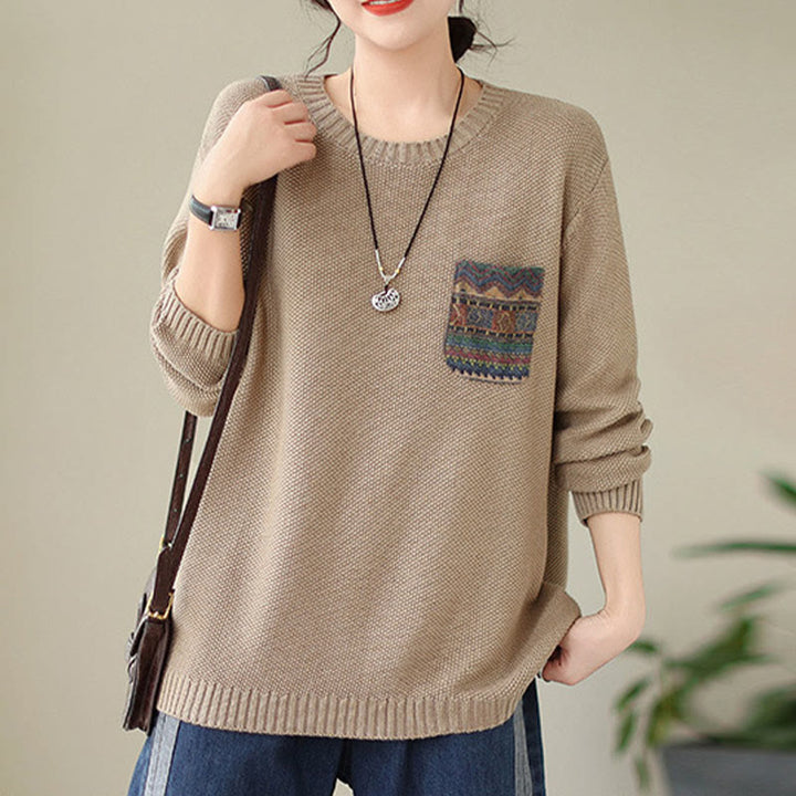 Buddha Stones Fall Floral Decorative Pocket Pattern Knitted Cotton Women's Long Sleeve Sweater - image 5