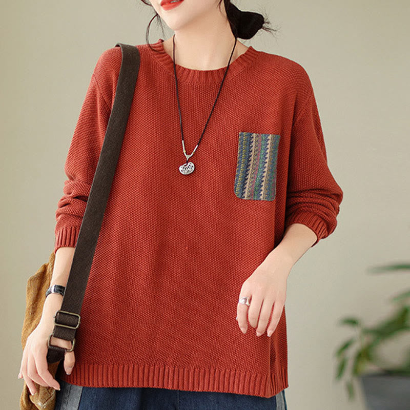 Buddha Stones Fall Floral Decorative Pocket Pattern Knitted Cotton Women's Long Sleeve Sweater - image 10