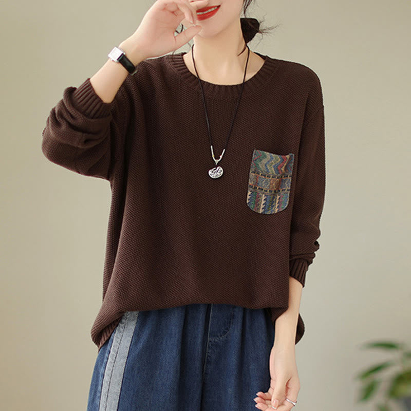 Buddha Stones Fall Floral Decorative Pocket Pattern Knitted Cotton Women's Long Sleeve Sweater - image 8