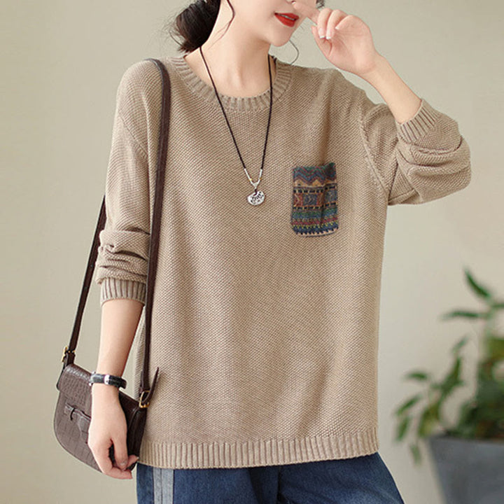 Buddha Stones Fall Floral Decorative Pocket Pattern Knitted Cotton Women's Long Sleeve Sweater - image 4