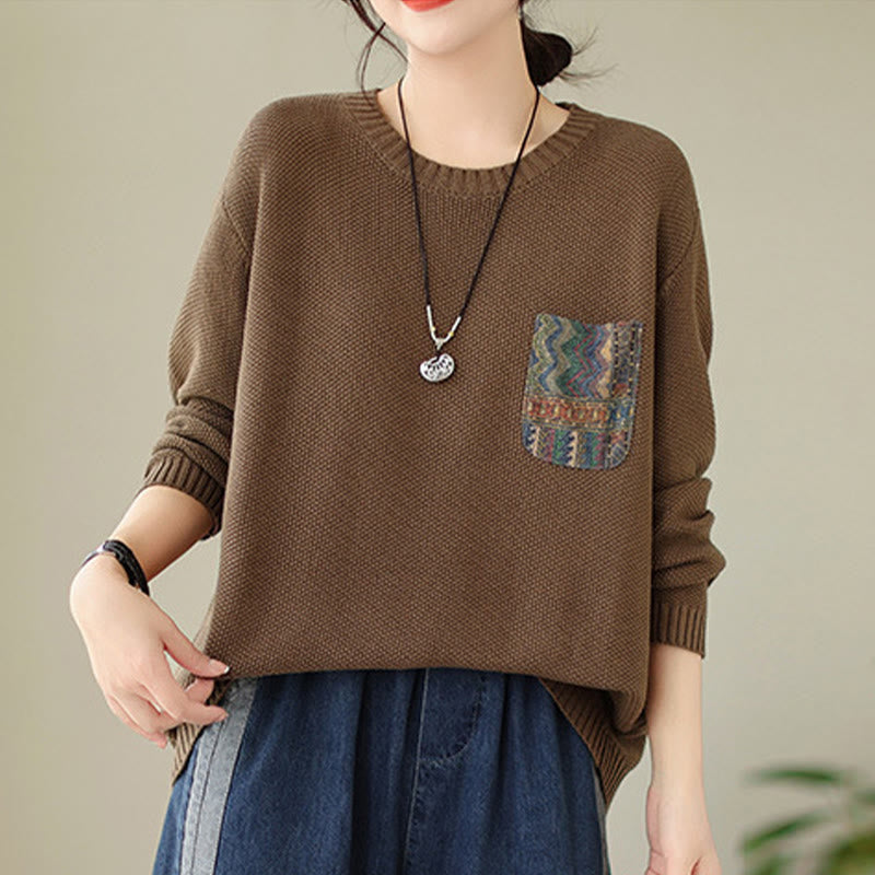 Buddha Stones Fall Floral Decorative Pocket Pattern Knitted Cotton Women's Long Sleeve Sweater - image 15