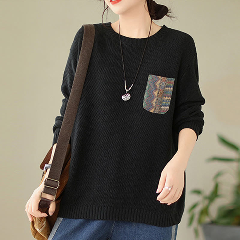 Buddha Stones Fall Floral Decorative Pocket Pattern Knitted Cotton Women's Long Sleeve Sweater - image 19