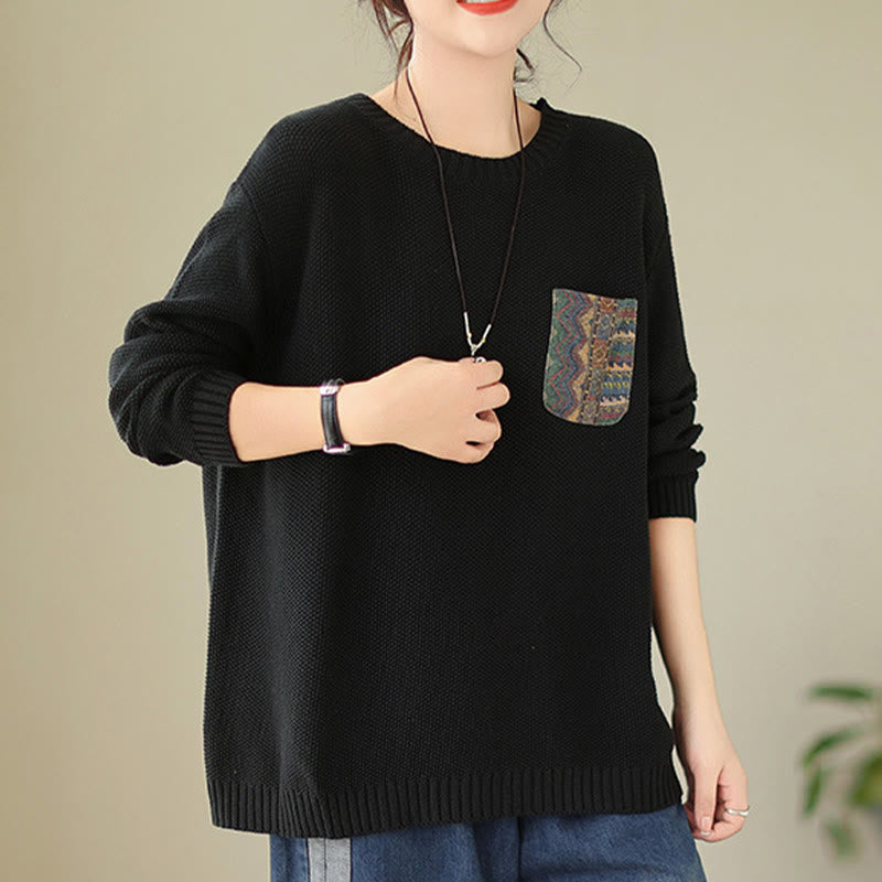 Buddha Stones Fall Floral Decorative Pocket Pattern Knitted Cotton Women's Long Sleeve Sweater - image 18