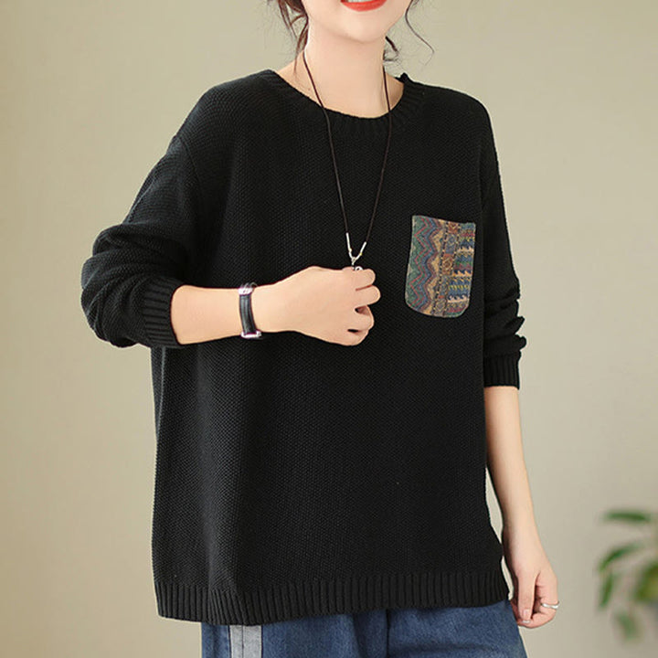 Buddha Stones Fall Floral Decorative Pocket Pattern Knitted Cotton Women's Long Sleeve Sweater - image 18