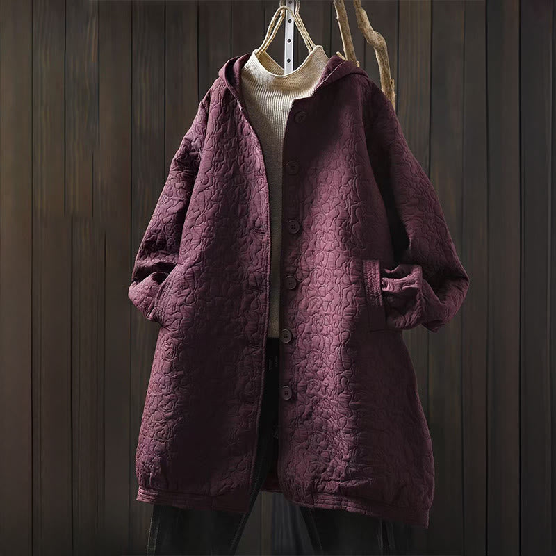 Buddha Stones Fall Buttons Long Sleeve Mid-length Jacquard Cotton Women's Jacket With Pockets - MediumVioletRed - US12，UK/AU16，EU44 (XL) - image 0