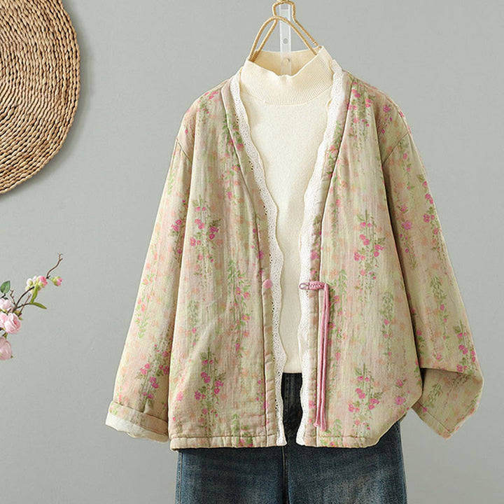 Buddha Stones Winter Lace Patchwork Long Sleeve Cotton Women's Thermal Jacket With Pockets - image 2