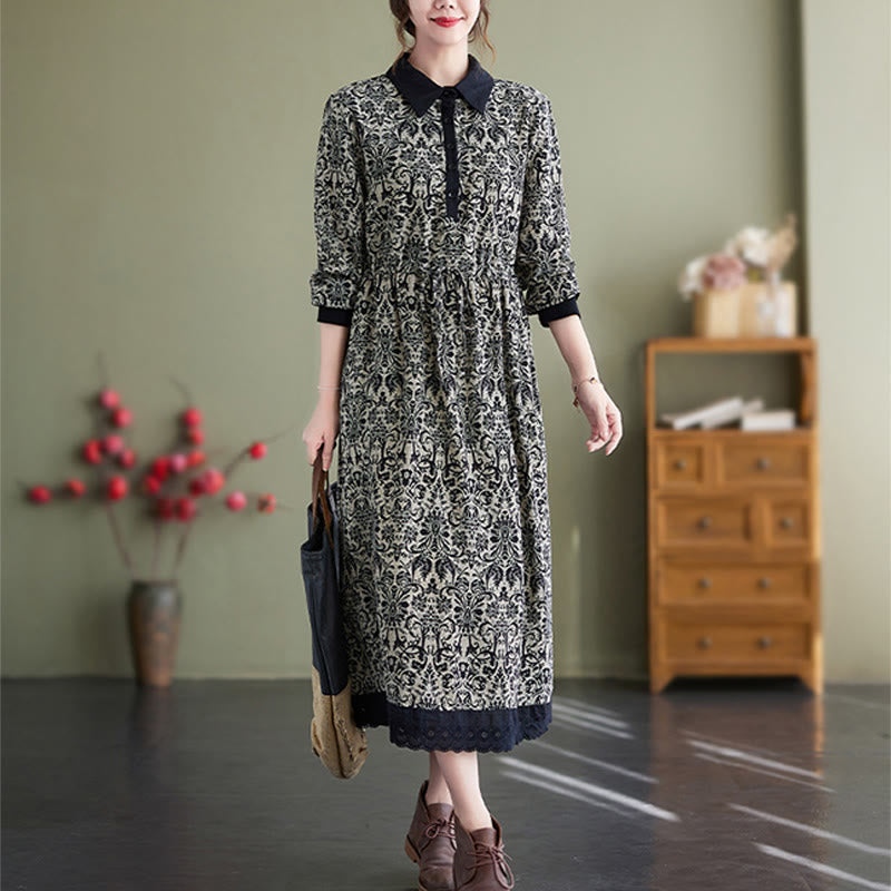Buddha Stones Ethnic Printed Drawstring Long Sleeve Cotton Midi Dress With Pockets - image 1