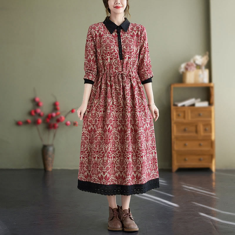 Buddha Stones Ethnic Printed Drawstring Long Sleeve Cotton Midi Dress With Pockets - Crimson - US8-10，UK/AU12-14，EU40-42 (2XL) - image 5