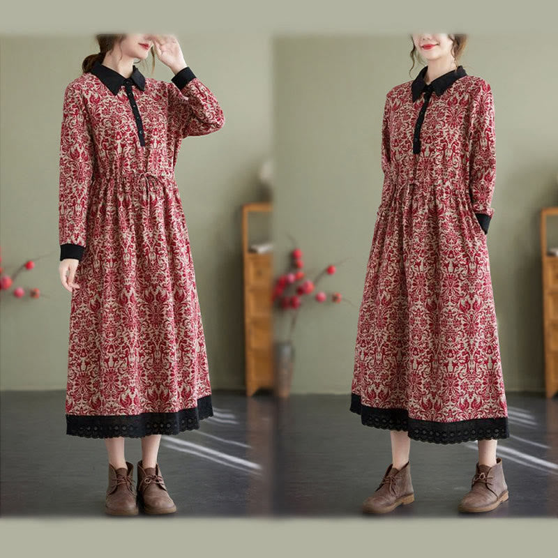Buddha Stones Ethnic Printed Drawstring Long Sleeve Cotton Midi Dress With Pockets - image 9