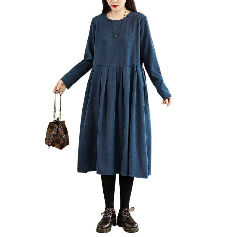 Buddha Stones Fall Plain DarkBlue Long Sleeve Corduroy Midi Dress With Pockets - image 16