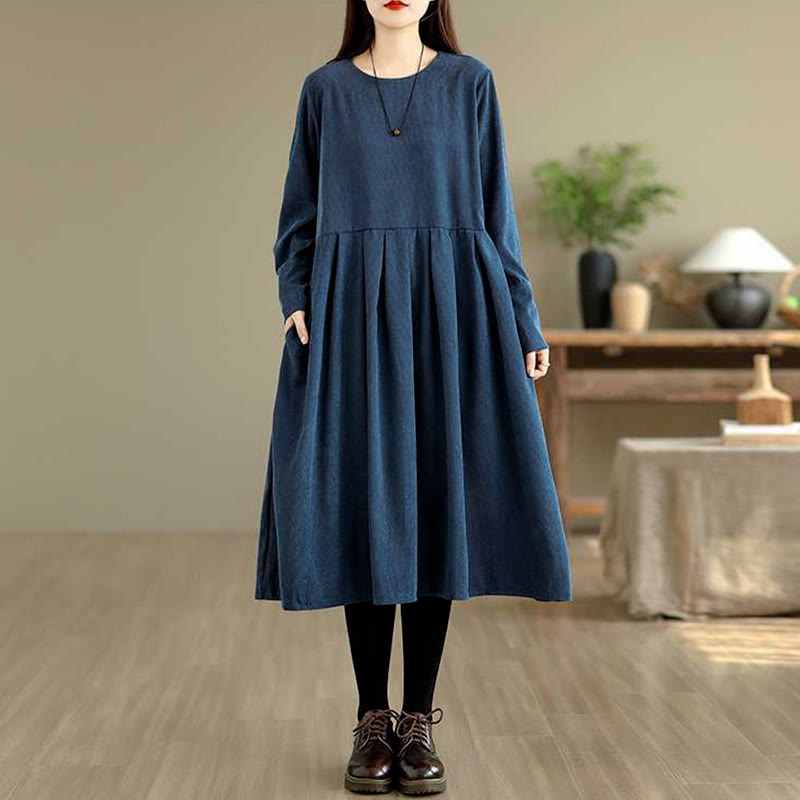 Buddha Stones Fall Plain DarkBlue Long Sleeve Corduroy Midi Dress With Pockets - image 1