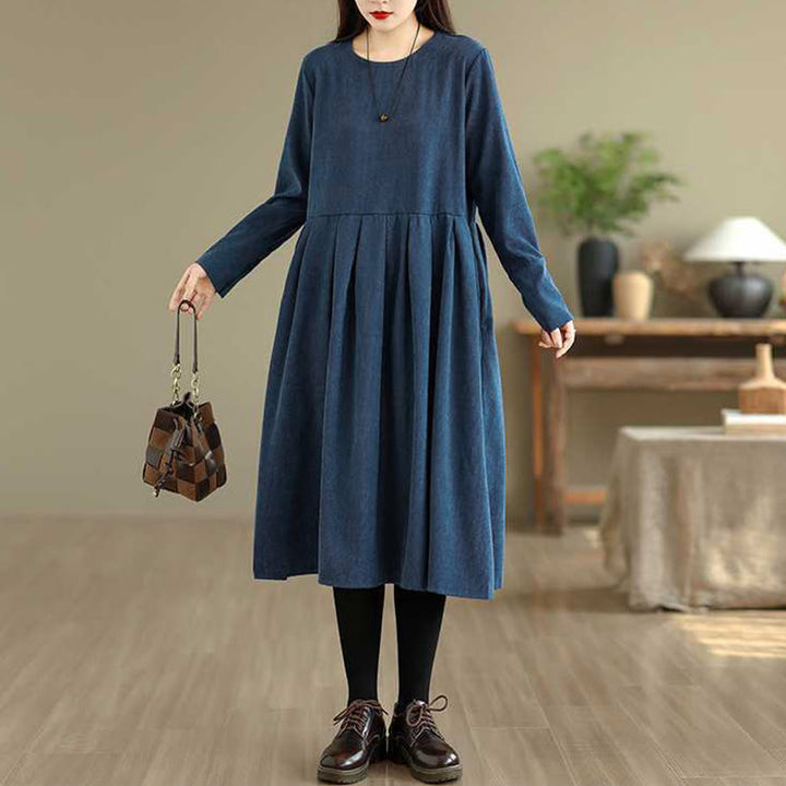 Buddha Stones Fall Plain DarkBlue Long Sleeve Corduroy Midi Dress With Pockets - image 4