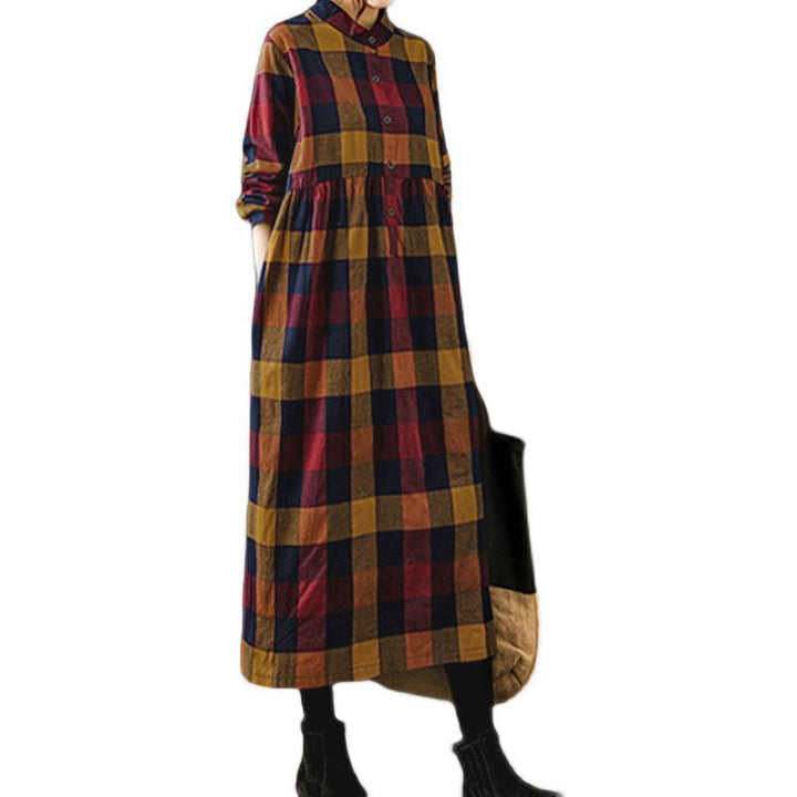 Buddha Stones Commute Patchwork Color Plaid Long Sleeve Midi Dress - image 21