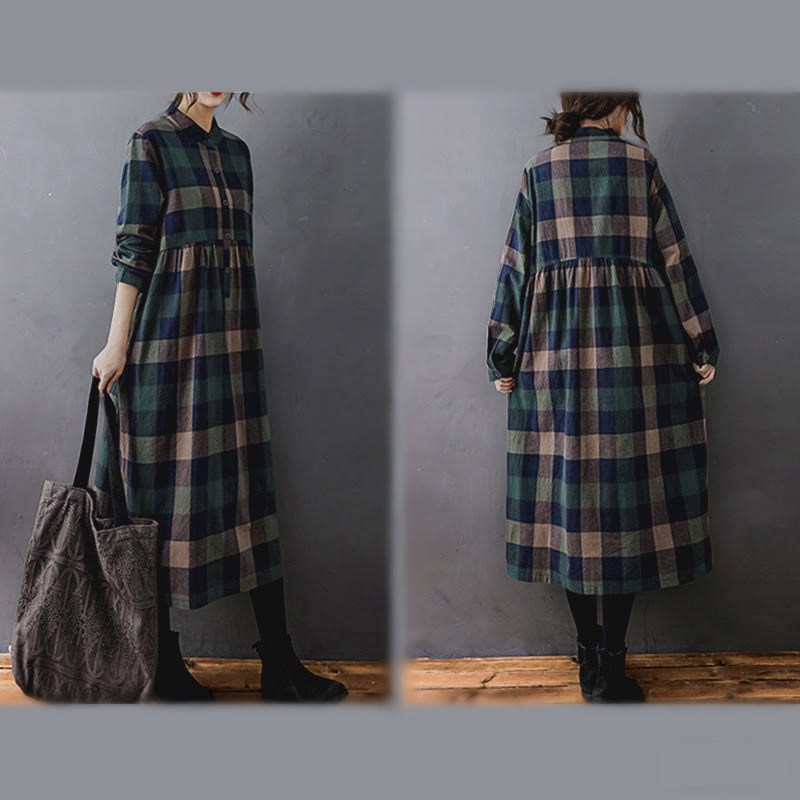 Buddha Stones Commute Patchwork Color Plaid Long Sleeve Midi Dress - image 4