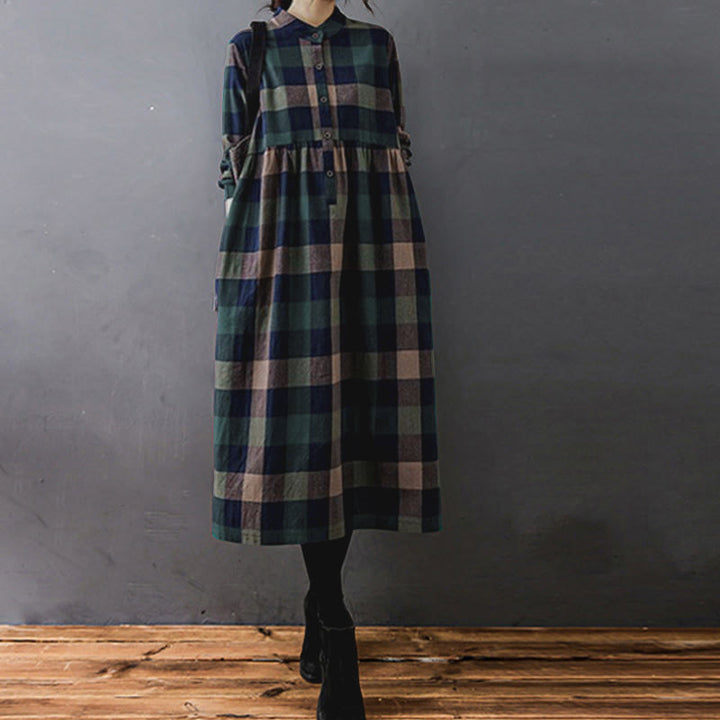 Buddha Stones Commute Patchwork Color Plaid Long Sleeve Midi Dress - image 3