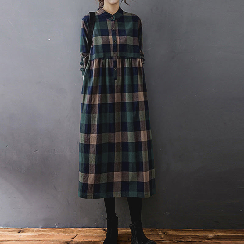 Buddha Stones Commute Patchwork Color Plaid Long Sleeve Midi Dress - DarkGreen DarkBlue Plaid - US8-10，UK/AU12-14，EU40-42 (2XL) - image 0