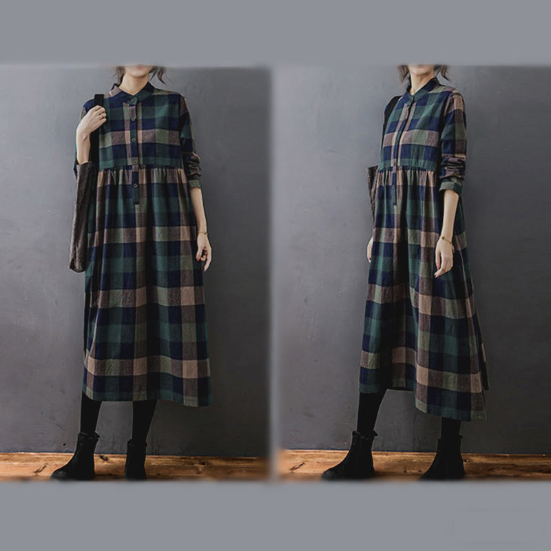 Buddha Stones Commute Patchwork Color Plaid Long Sleeve Midi Dress - image 5