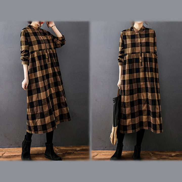 Buddha Stones Commute Patchwork Color Plaid Long Sleeve Midi Dress - image 13