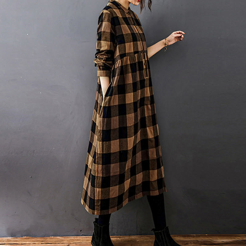 Buddha Stones Commute Patchwork Color Plaid Long Sleeve Cotton Midi Dress - image 8