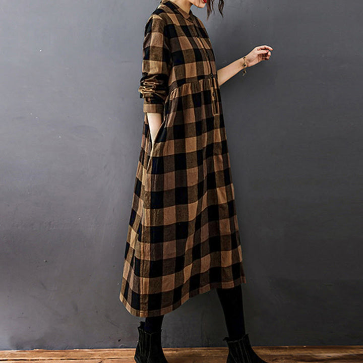 Buddha Stones Commute Patchwork Color Plaid Long Sleeve Cotton Midi Dress - image 8